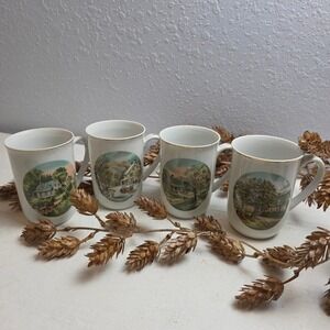 Vintage Currier and Ives Four Seasons Mugs Set of 4 Cottagecore Farmhouse Decor